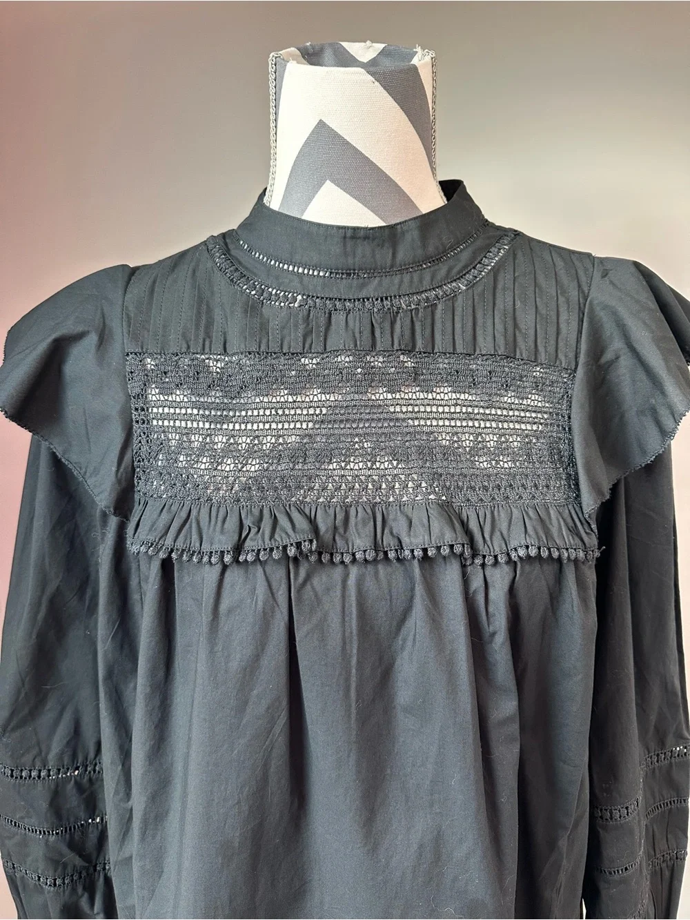 J.Crew Black Crocheted Lace Ruffle Top Victorian Gothic Whimsigoth Blouse M NWT